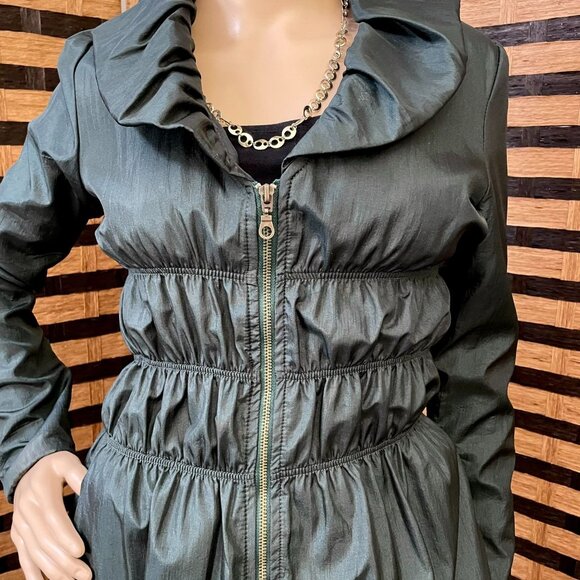 Green Silk Jacket Womens Sz XS to S with Ruffled Collar Cinched Waist - Picture 3 of 12